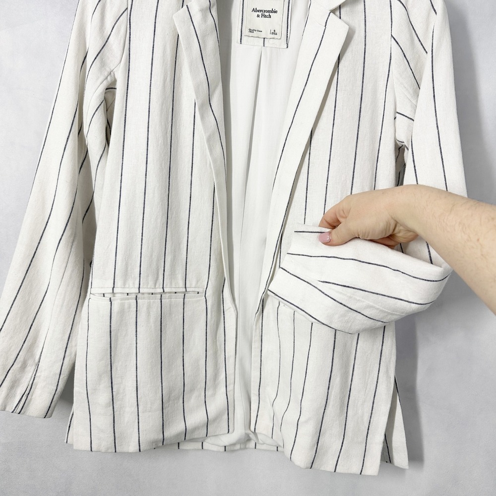 Abercrombie & Fitch Linen Pinstripe Long Sleeve White Blazer Womens Size Small - Picture 4 of 14